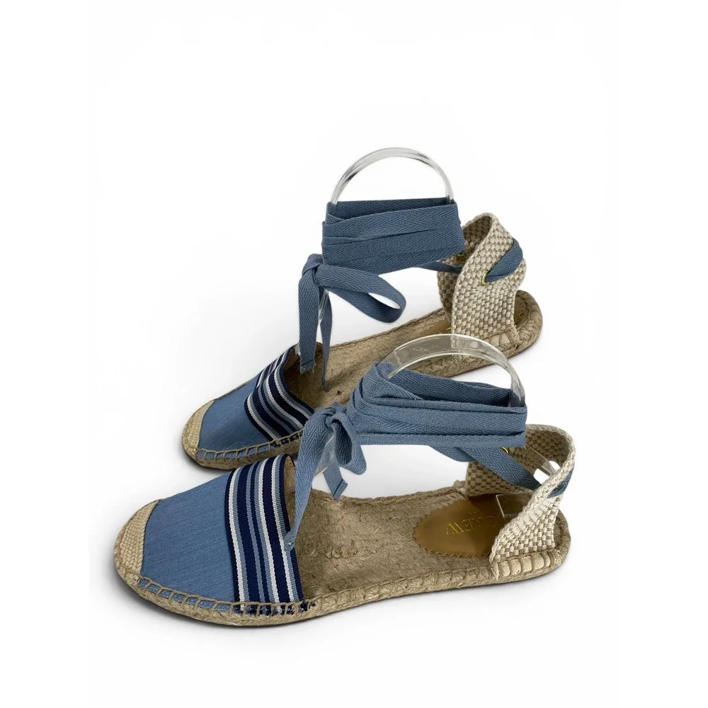 J.Crew Canvas Ankle Tie Espadrille Flats Womens‎ 8 Blue Chambray Stripe NWOB